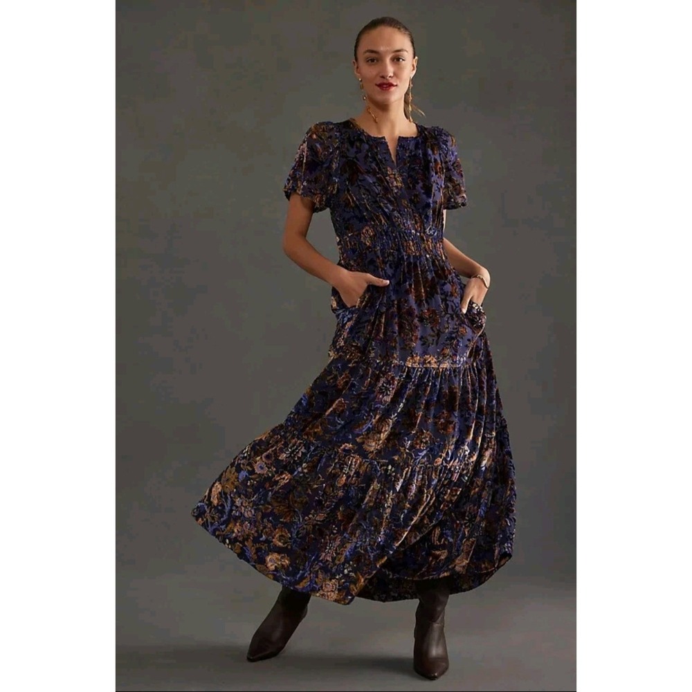Anthropologie Velvet Burnout Floral Maxi Dress Purple Gold Smocked Tiered‎ Small